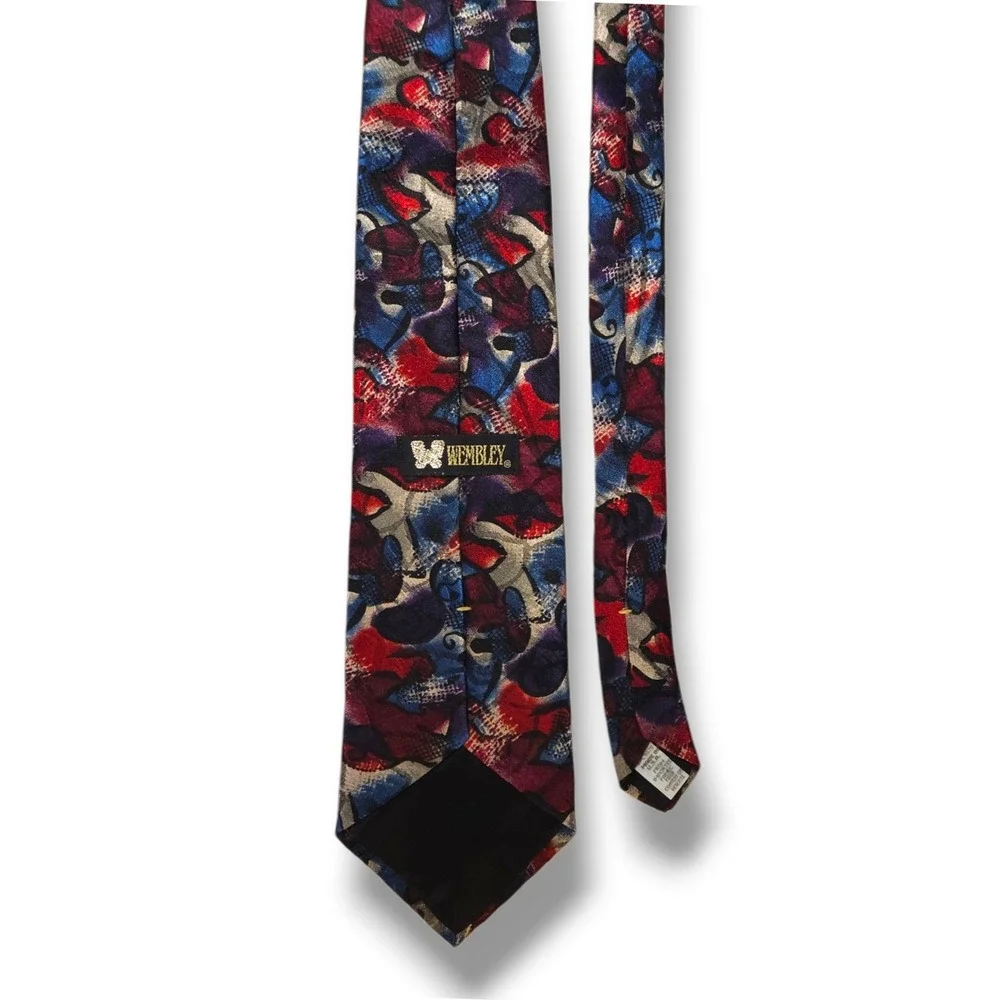 Wembley Vintage Polyester Necktie Abstract Floral Red Blue Purple USA Wide OS